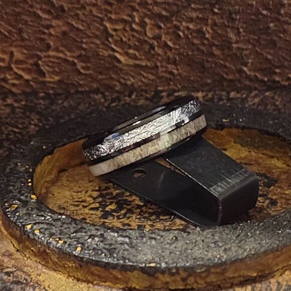 Men's Real Black Tungsten Wedding Ring Meteorite and Deer Antler Inlays - Picture 3 of 10